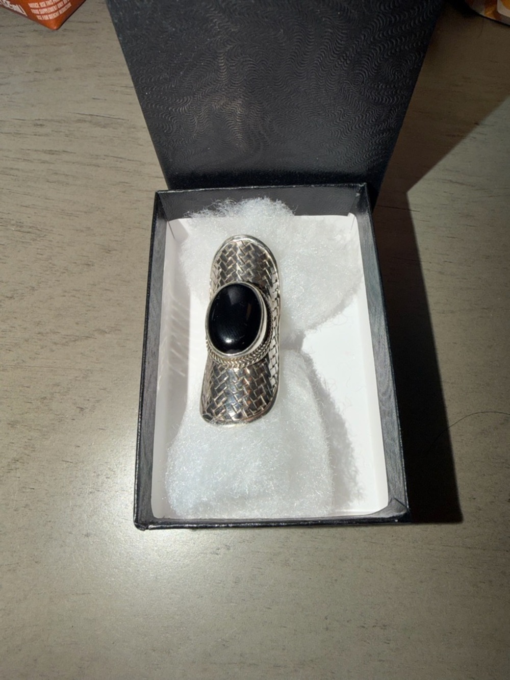 Silver-Tone Women's Statement Ring with Black Cabochon